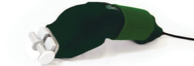 rapid release - chiropractic tool A green and black handheld electric tool with a cord, featuring a white attachment at the front, placed on a white surface.