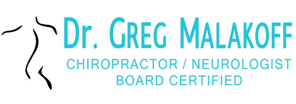Logo for Dr. Greg Malakoff, a Los Angeles chiropractor and doctor, featuring a stylized human figure and text: Dr. Greg Malakoff, Chiropractor / Neurologist, Board Certified in turquoise blue.