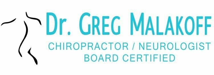 Logo for Dr. Greg Malakoff, doctor and Board-Certified Neurologist, featuring a stylized outline of a human spine and body on the left and blue chiropractor text on a white background.