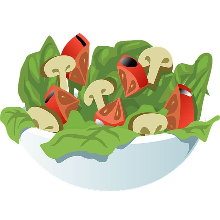 A white bowl filled with a salad containing green lettuce leaves, sliced tomatoes, and mushrooms.