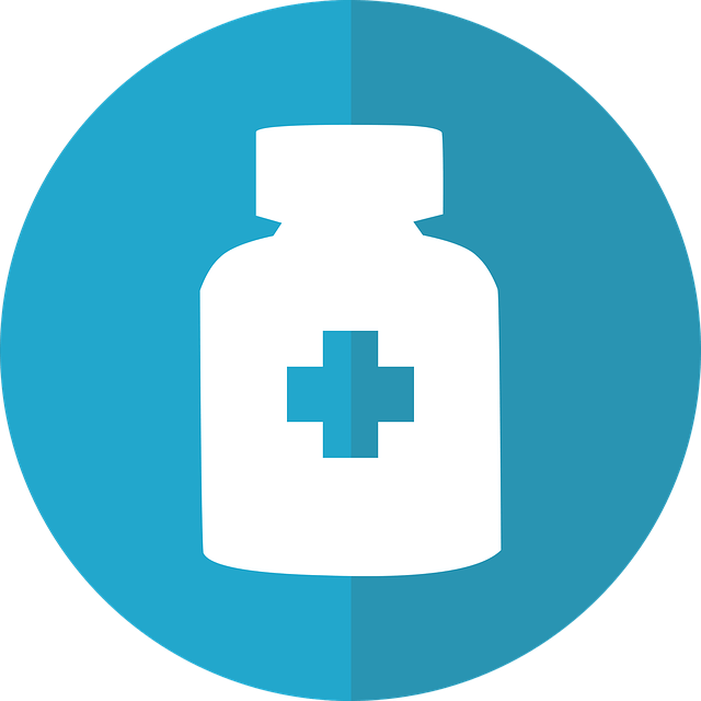 A white medicine bottle with a blue cross on it, centered on a circular blue background divided into two shades, symbolizes a chiropractor in Los Angeles, dr’s trusted care for wellness.