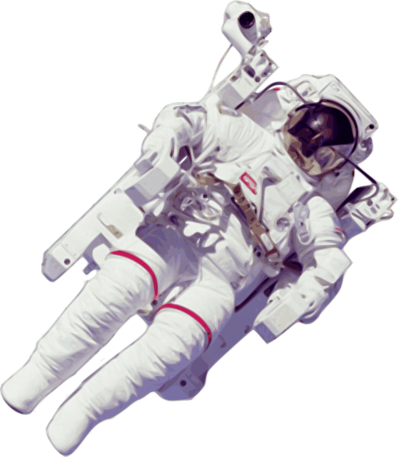 An astronaut in a white spacesuit with red stripes floats in space, equipped with a large backpack and helmet, facing slightly upward.