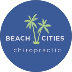 Logo for Beach Cities Chiropractic featuring two light green palm trees in the center of a blue circle, with the business name in white and lowercase “chiropractic” text below, highlighting a trusted Los Angeles chiropractor and dr. led care.