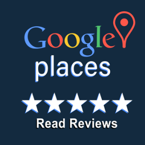 Google Places logo with a red location pin, the word places, five white stars beneath it, and “Read Reviews” below the stars—all on a dark blue background.