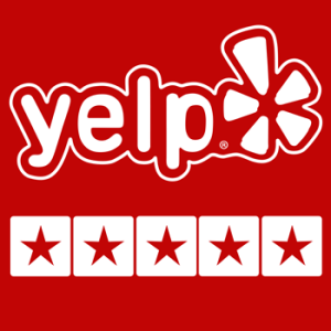 Yelp logo in white on a red background above five white stars, each in a red square, representing a five-star rating.
