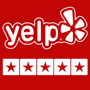 Yelp logo in white on a red background above five white stars, each in a red square, representing a five-star rating.