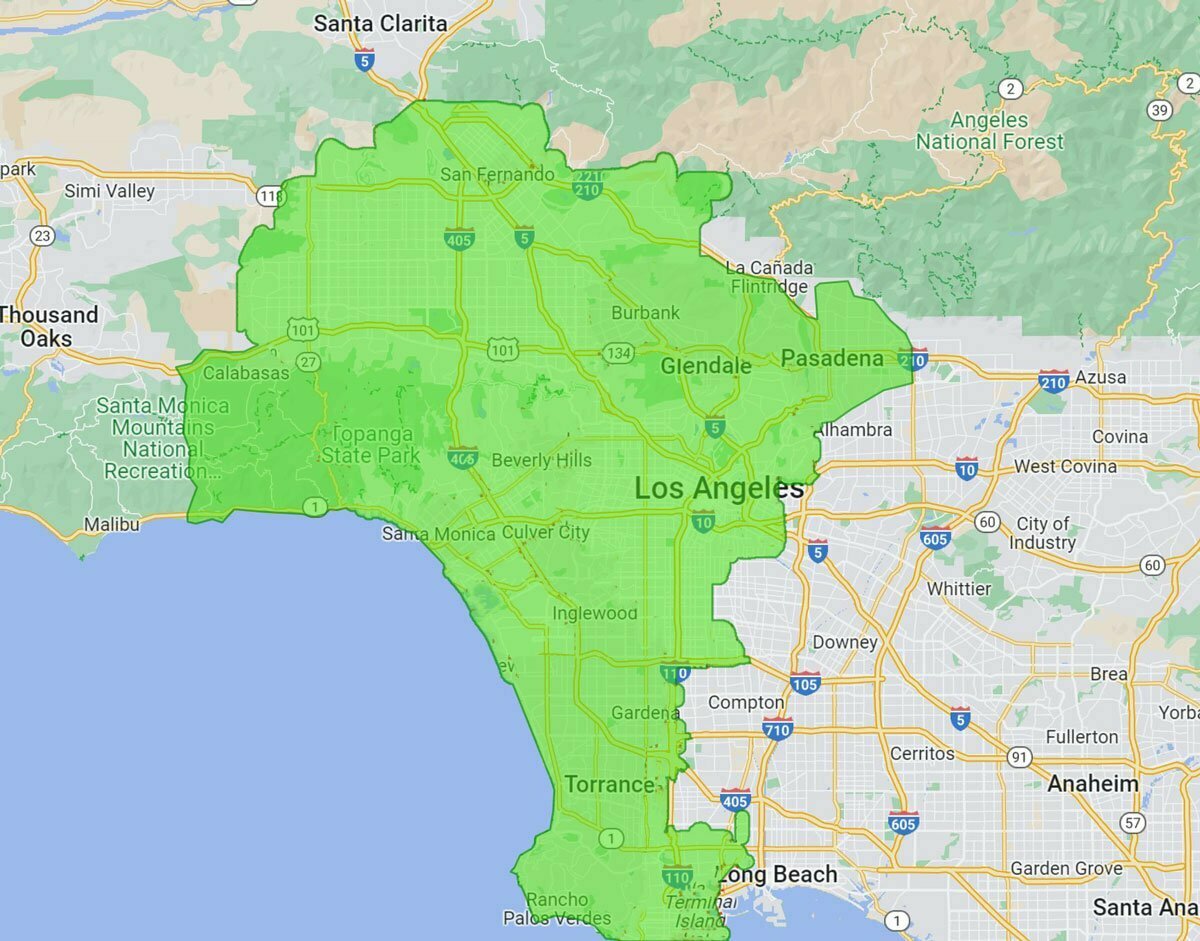 A map showing Los Angeles and surrounding areas with a green overlay highlighting a large region, including Glendale, Pasadena, Beverly Hills, Inglewood, Torrance, and parts of Long Beach. Major highways, cities, and doctor locations are labeled.