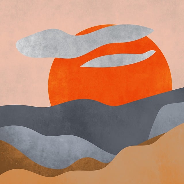 Abstract illustration of a large orange sun partially hidden behind blue and brown layered hills, reminiscent of a sunrise, with two gray clouds in a pale peach sky.