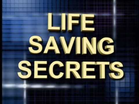 Yellow 3D block letters spell out LIFE SAVING SECRETS against a dark blue, grid-like background with light reflections—perfect for a doctor or chiropractor in Los Angeles sharing expert wellness tips.