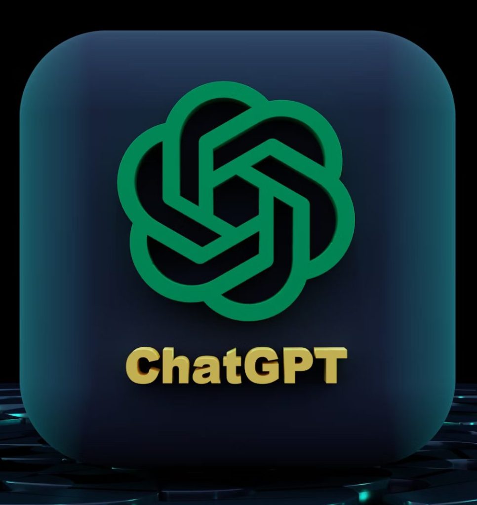 A 3D icon featuring the green ChatGPT logo above "ChatGPT" in gold letters, set against a dark, rounded square background with a futuristic design.