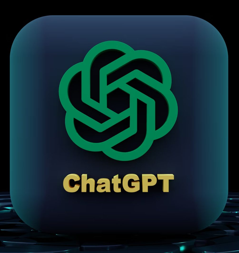 A 3D icon featuring the green ChatGPT logo above "ChatGPT" in gold letters, set against a dark, rounded square background with a futuristic design.