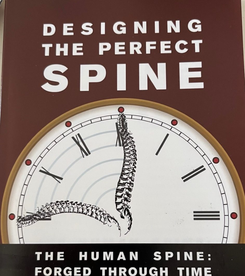 Book cover featuring the title Designing the Perfect Spine above a clock face, with two human spines as clock hands.