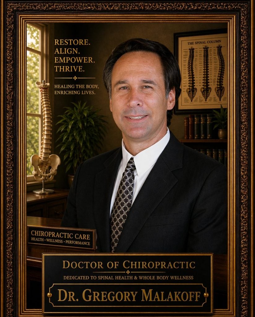 Dr Greg Malakoff in a suit stands in an ornate office with a spine model, motivational text, and a diploma behind him. The sign reads Dr. Gregory Malakoff, chiropractor. The surroundings suggest a chiropractic clinic.
