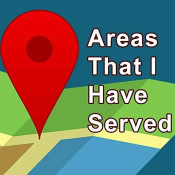 A red map pin icon is placed on a stylized map background with the text Areas That I Have Served, highlighting Los Angeles, written in bold letters to the right of the pin.