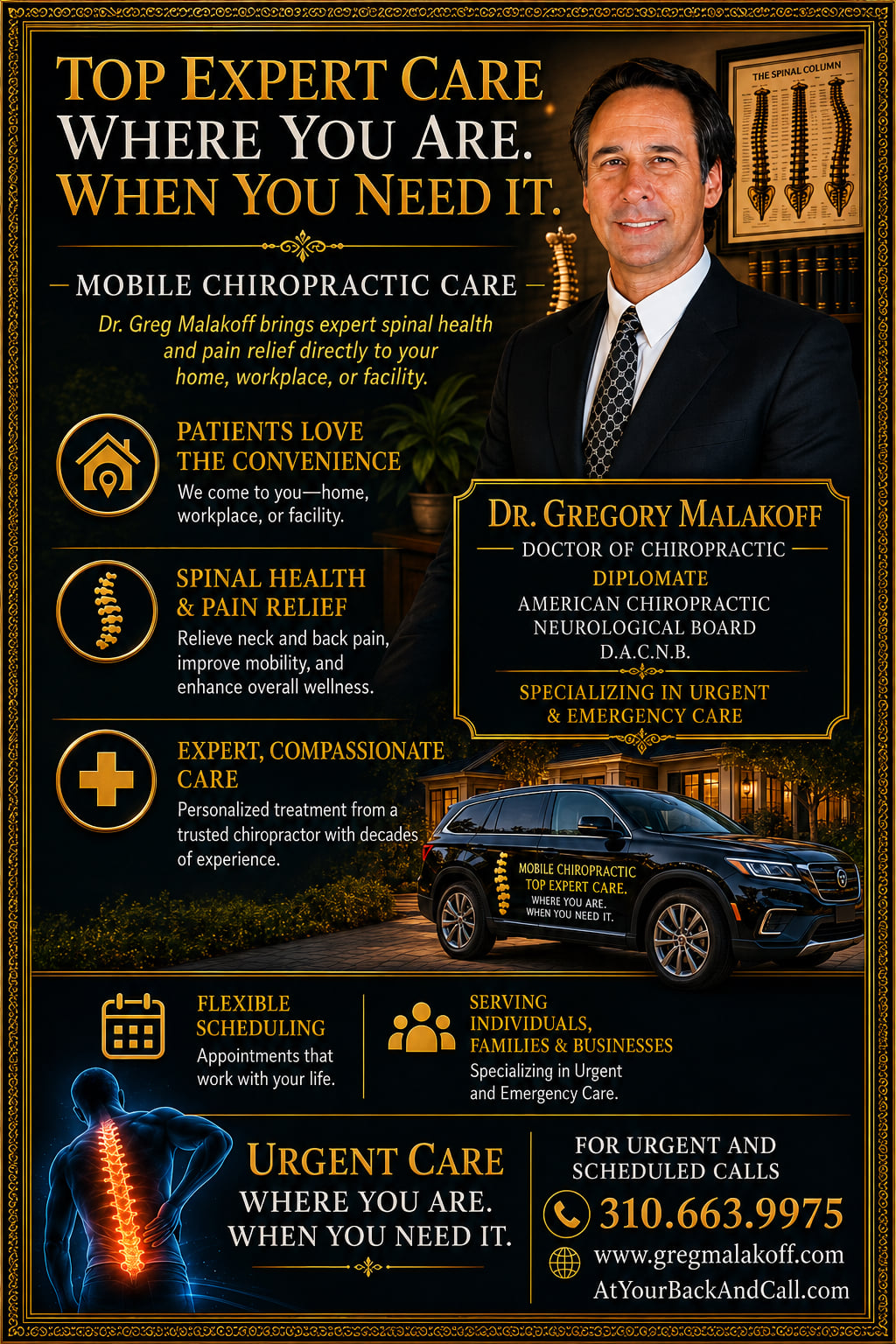 Dr. Greg Malakoff advertising mobile chiropractic care, urgent spinal health care, and pain relief services delivered to homes, workplaces, and facilities.