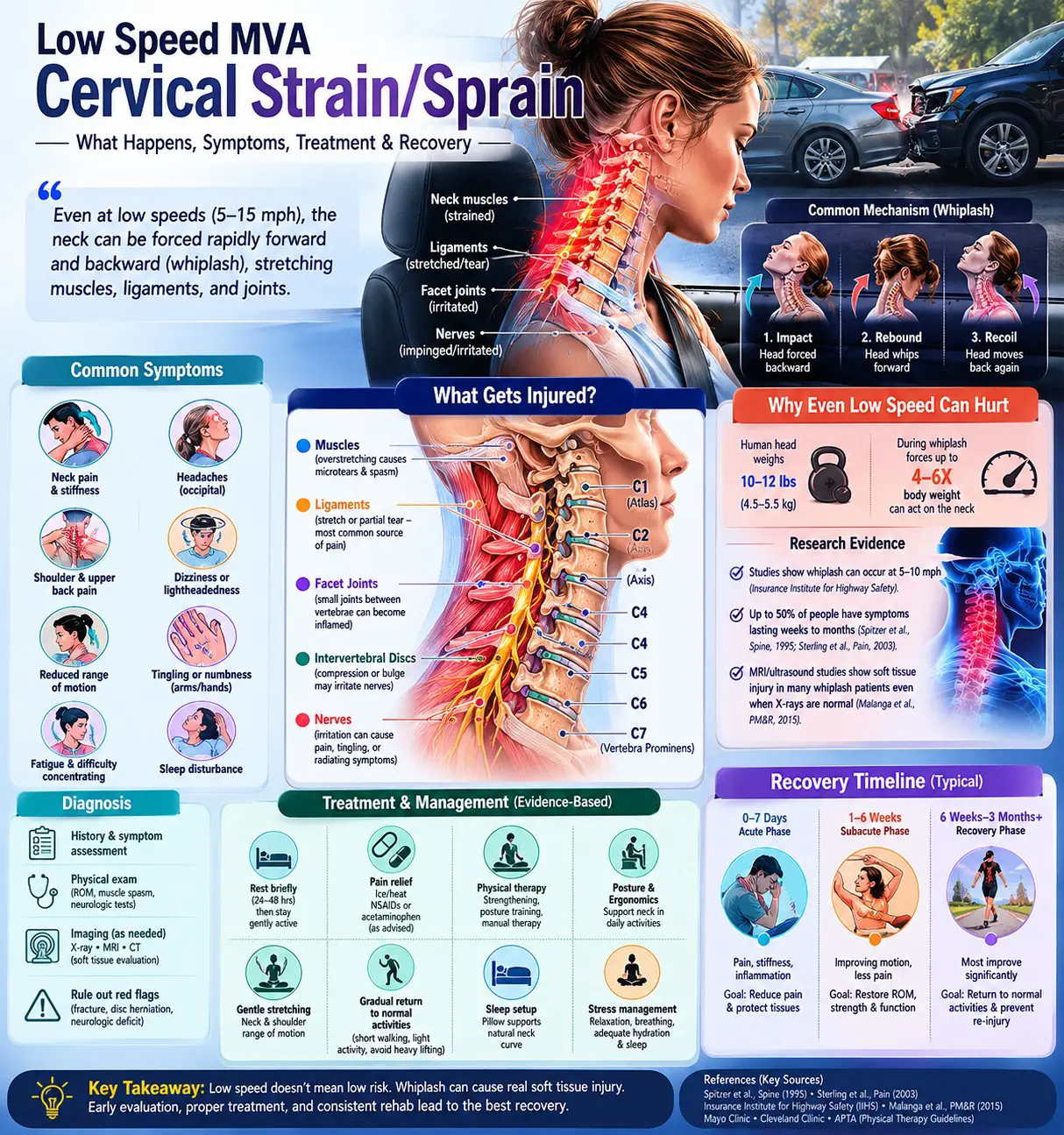 Infographic explaining cervical strain/sprain and whiplash injury from low-speed vehicle accidents, showing symptoms, injured neck structures, diagnosis, whiplash treatment options, recovery times, and why even low speeds can cause injury, with anatomical illustrations.
