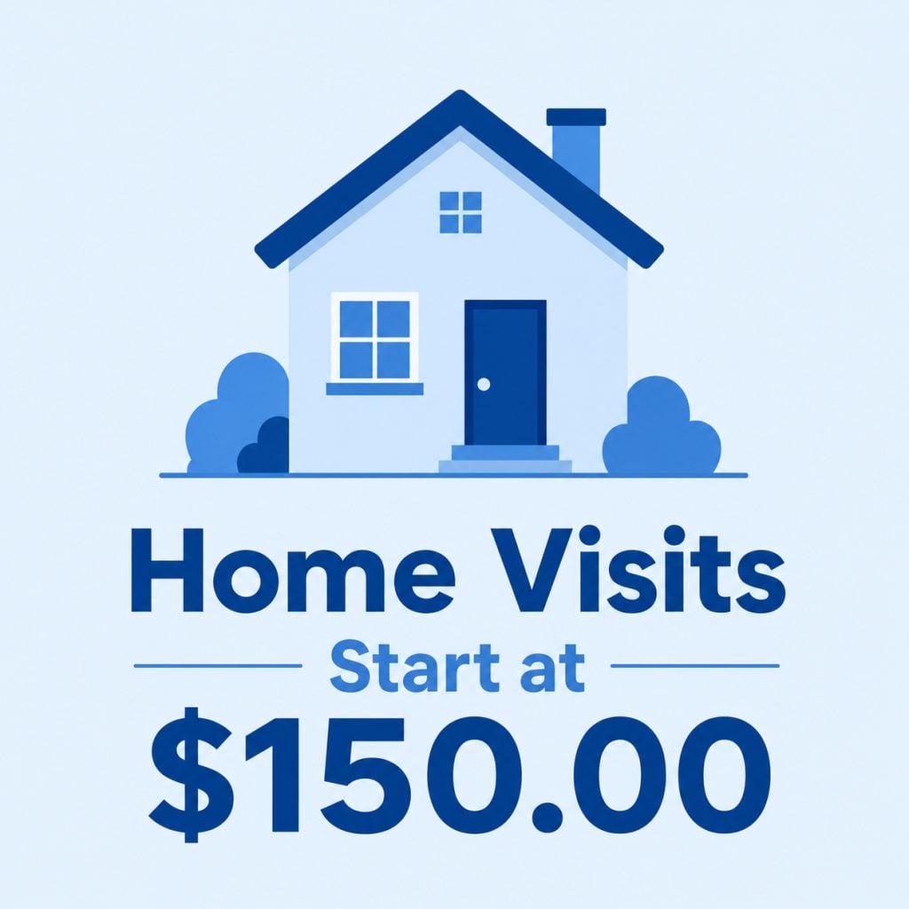 Blue minimalist house graphic with text reading “Home Visits Start at $150.00.”